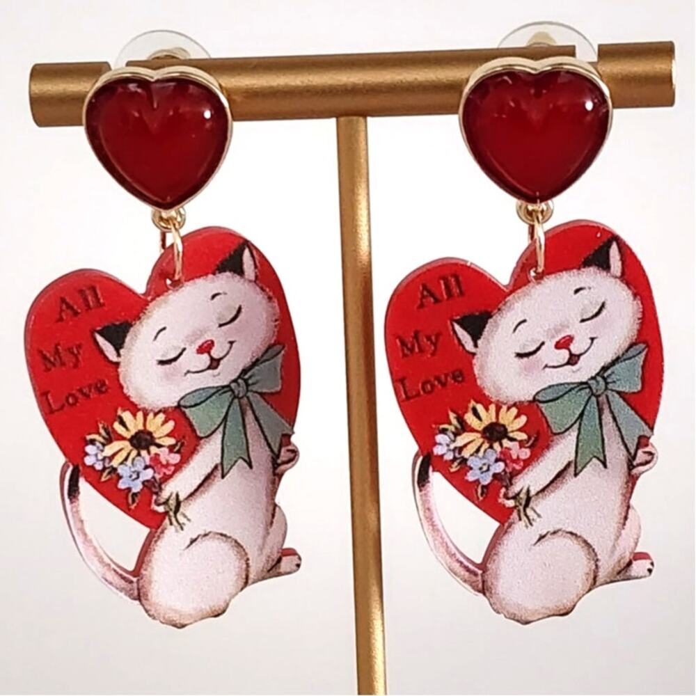 Retro Cat Valentine Love Acrylic Earrings Faux Jewel Heart Stud